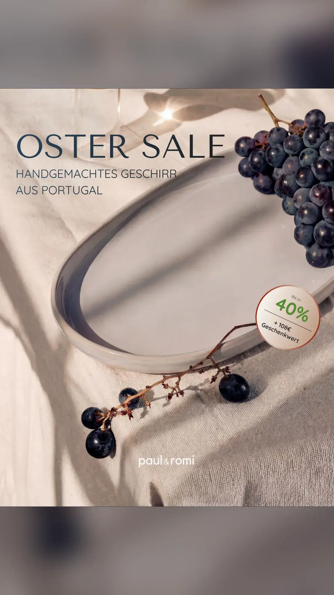 Anzeige fuer handgemachtes Geschirr mit dem Schriftzug Oster Sale