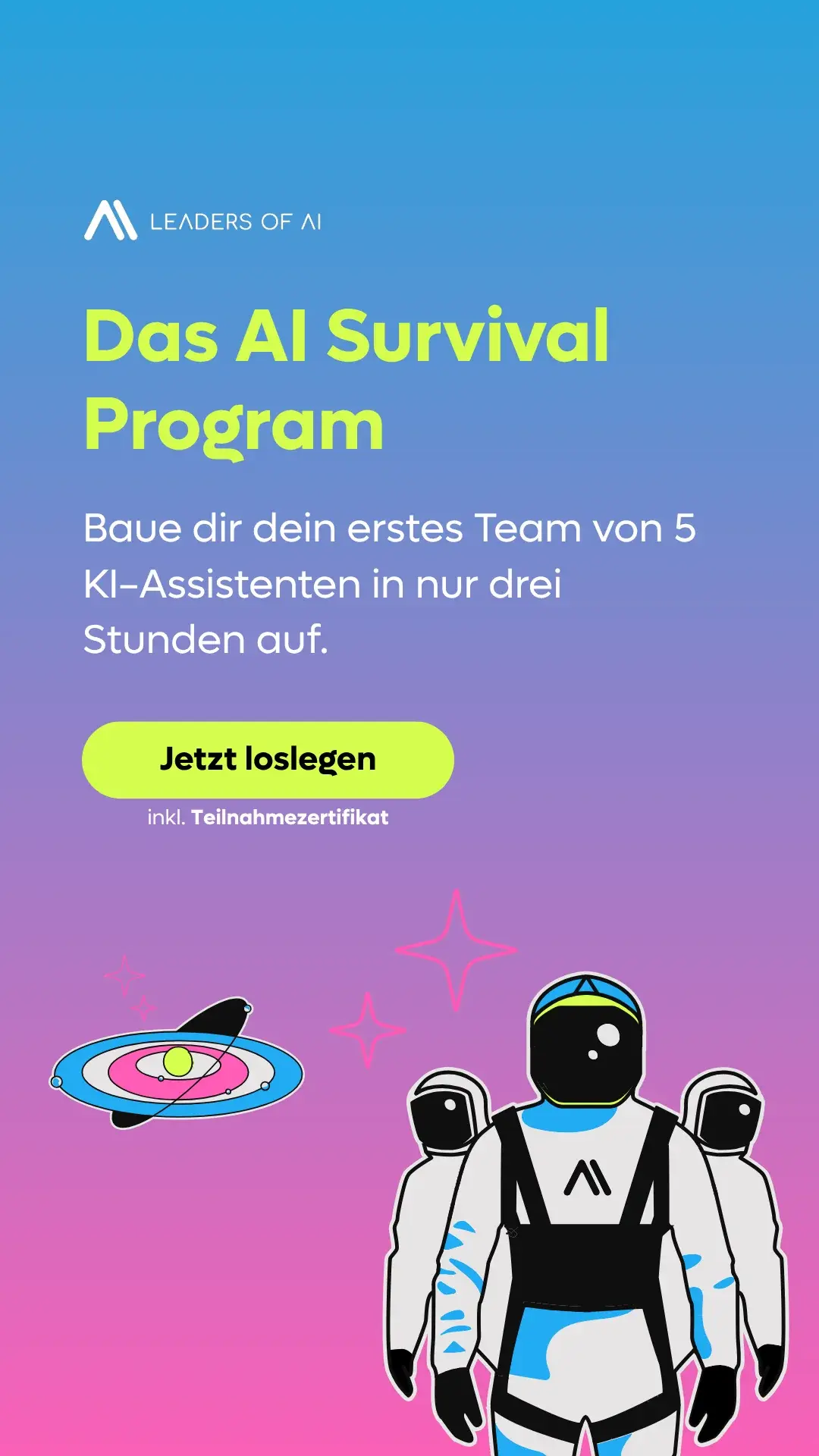 Anzeige fuer ein KI-Programm mit Illustration und Handlungsaufforderung
