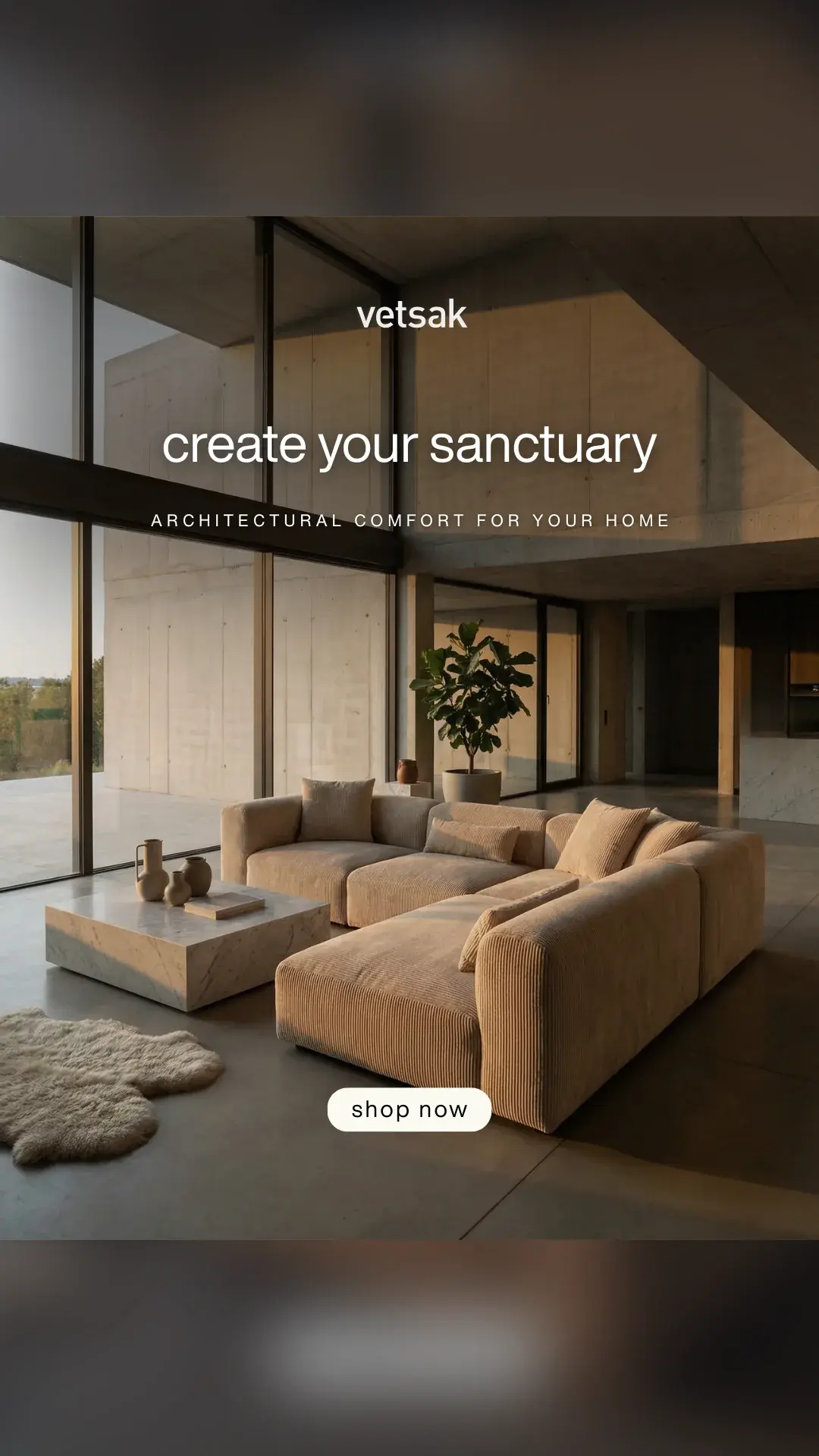 vetsak-Anzeige: Wohnraum mit Modulsofa, Schriftzug create your sanctuary